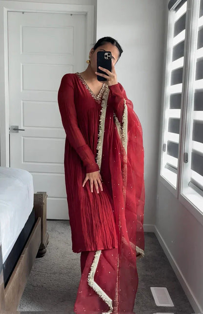 Mul Cotton Hand Work Anarkali with Churi Sleeves Set of 3